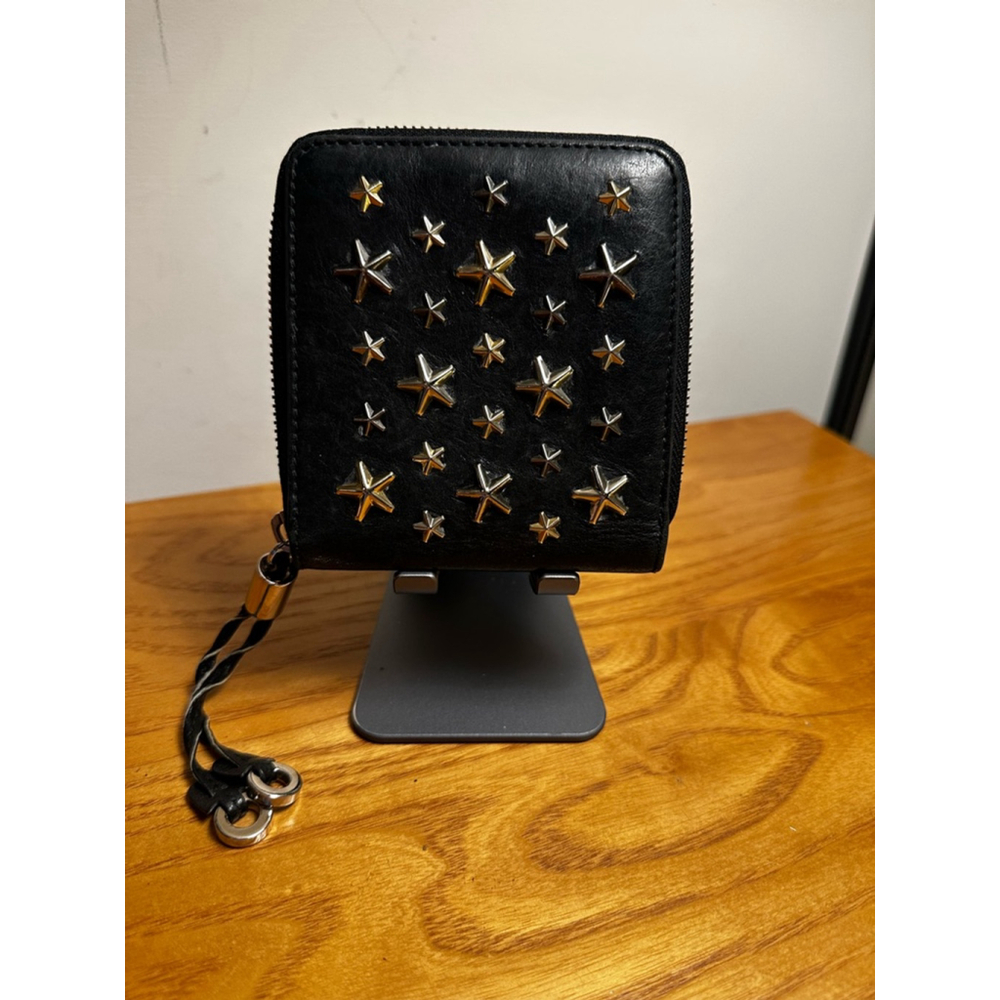 Jimmy Choo Black Leather Star Studded Compact Zip Wallet